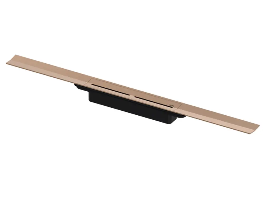TECE Duschprofil in Rotgold, flach und rechteckig, mit einer Öffnung für Wasserablauf. Design für elegante Integration in Duschbereichen.